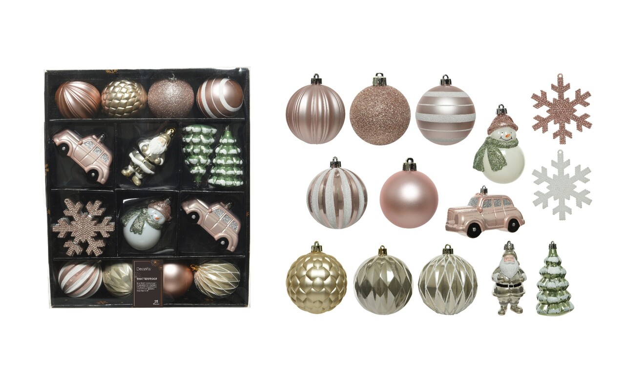 Cutie cu 25 globuri asortate Winter mix, Decoris, plastic, roz/verde - imagine 5